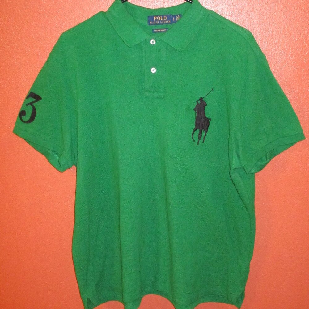Polo Shirt Ralph Lauren Men Large Pony Green Black Custom Slim Fit Cotton Shirt